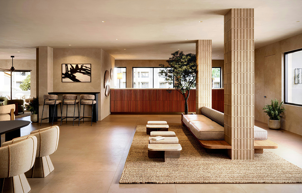interior shot of an earth tone themed hotel lounge